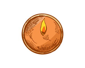 Hand drawn vintage sketch of round burning candle top view in color, cozy christmas home decor illustration