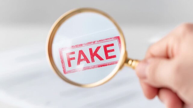 Fake stamp magnified through magnifying glass document conveying scrutiny and concern about authenticity highlighting fraudulent document concern
