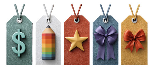 Colorful Tags with Objects on a Transparent Background for Creative Projects