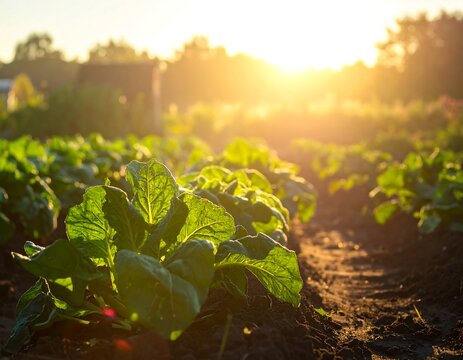 Sunlit Cabbage Patch - A Vibrant Garden Scene at Sunset.