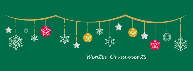 雪の結晶と丸いオーナメントのクリスマスガーランド　背景グリーン