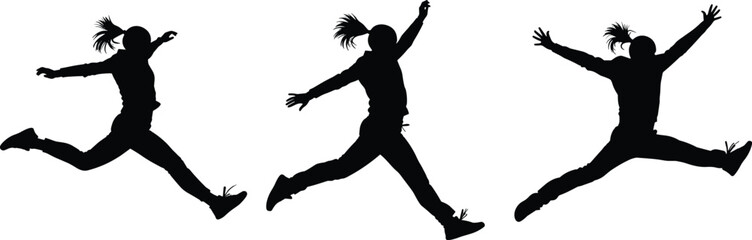  Silhouette illustration of young woman jumping with energy and joy, fitness, movement, dance, sport, freedom, healthy lifestyle vector concept design