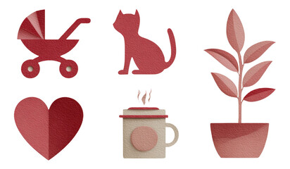 Colorful Isolated Shapes of Cat, Baby Stroller, Coffee Cup, Heart, and Plant