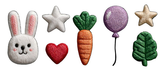 Cute Bunny, Colorful Carrot, Star, Heart, Balloon, Leaf on Transparent Background