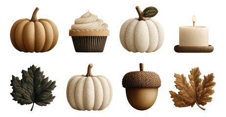 Cozy Autumn Collection of Decorative Pumpkins, Cupcake, Candle, Leaves, and Acorn