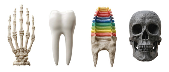 Diverse Anatomical Models Including Hand Skeleton, Tooth, Colored Crown, and Skull