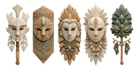 Intricately Designed Isolated Masks in Varied Colors and Shapes on Transparent Background