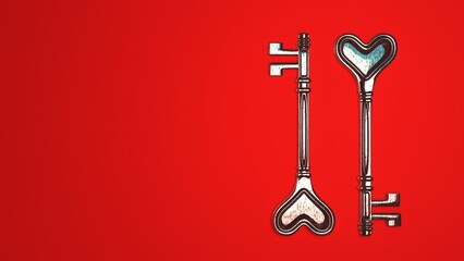 Metal keys with heart shape on background with copy space