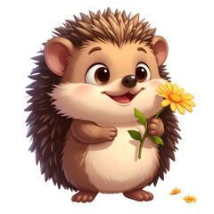 Adorable hedgehog holding a yellow flower with a happy expression.