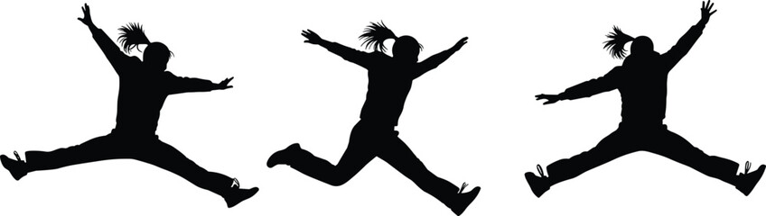  Silhouette of energetic woman jumping with joy, dynamic dance motion, active lifestyle concept, fitness freedom, happiness, success, isolated on white background