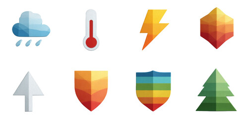 Colorful Geometric Icons Representing Weather, Nature, and Alerts on Transparent Background