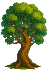 Illustrated Tree with Twisting Trunk and Dense Green Canopy on Grass Patch