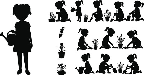  Silhouette of little girl gardening, watering plants, planting flowers, using shovel, growing garden, nature care, child outdoor activity, eco friendly lifestyle illustration