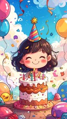 A cute cartoon girl celebrates her birthday with cake and balloons