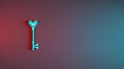 Single heart shaped metal key on gradient background with copy space