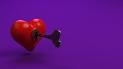 Red heart with key inserted on purple background