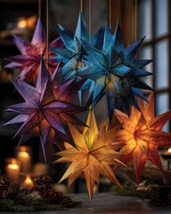 Colorful Paper Stars Hanging Over Candles for Festive Ambiance