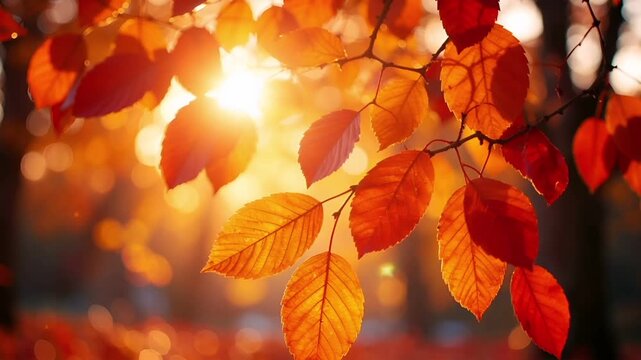 木の枝で揺れるオレンジと赤の葉　ぼかし背景の秋の森