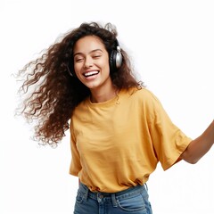 Young woman wearing headphones dancing isolated on pure white background