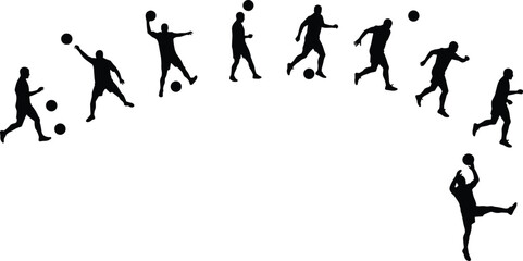  Soccer bicycle kick silhouette, football motion sequence, athletic action vector, black player on white background, dynamic sports pose, ball strike illustration