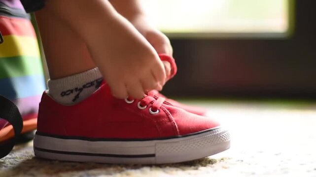 Tying Red Canvas Shoes: Child's First Independence