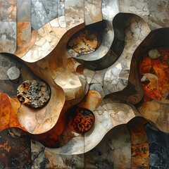 Abstract composition of geometric and organic shapes in varied earthy tones and textures, resembling stone