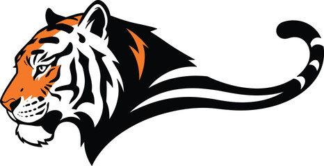  Stylized tiger head and sweeping tail logo, bold orange black white stripes, dynamic emblem design for wildlife branding, vector art illustration