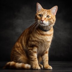Beautiful short-haired orange cat sitting in a full-body front view on a clean white background.