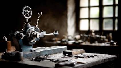 Vintage watchmaking machine on workbench in dark workshop
