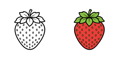 Bright Strawberry Illustration with Green Leaves and Vibrant Red Color on a Black Background