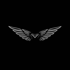 Fototapeta premium Elegant white stylized wings graphic on black background. Majestic bird wings emblem, symbol of freedom, flight, power, and aspiration.
