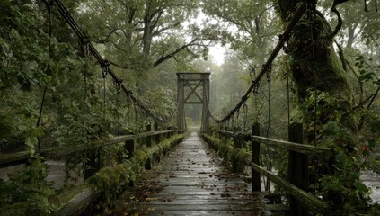 Fototapeta premium Misty, overgrown suspension bridge