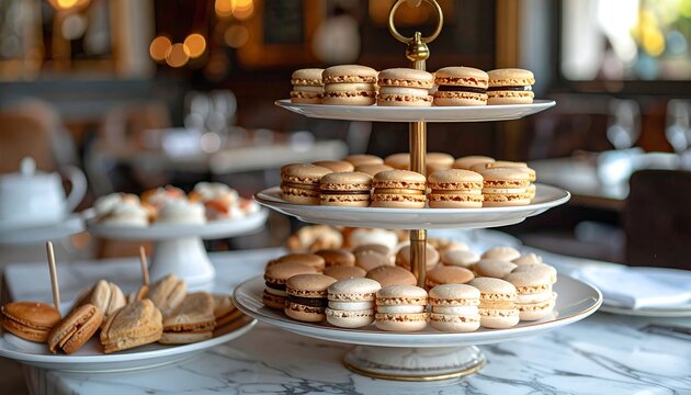 A tiered serving dish holding an assortment of colorful French macarons - Powered by Adobe