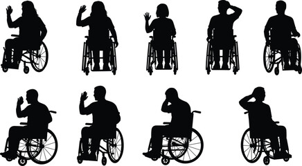  Wheelchair user silhouettes, diverse seated poses, inclusive vector illustration, disabled individuals in motion, expressive gestures, accessibility concept, black graphic design set