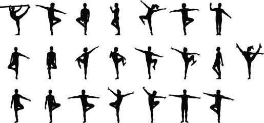  Yoga poses, dance silhouettes, human figure movement, black body shapes, flexibility, balance, physical exercise, abstract posture, fitness icons, meditation, vector art