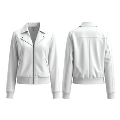 Front and back view of a white bomber jacket with zipper.