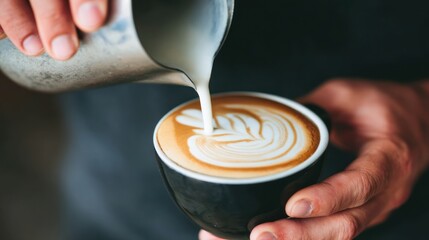 Barista Pouring Milk Into Coffee Latte Art in Black Cup in Coffee Shop