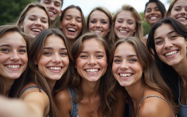 Big group of cheerful young friends taking selfie portrait. Happy people looking at the camera smiling. Concept of community, youth lifestyle and friendship. High quality