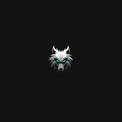 Obraz premium Fierce White Wolf Head Logo with Glowing Blue Eyes on Dark Background. Stylized Digital Illustration of a Predatory Canine Mascot.