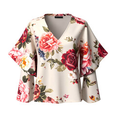 Cream blouse with voluminous floral print and flutter sleeves.