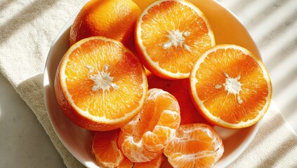 Fresh orange slices and segments in white bowl