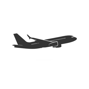 Generic passenger airplane silhouette taking off or in flight, side view isolated on white background, travel and aviation concept icon