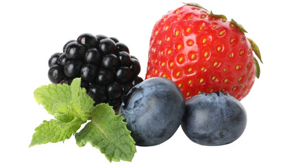 Assorted mixed berries including strawberry, blueberry, and blackberry on white background, vibrant healthy fruit collection rich in antioxidants and vitamins