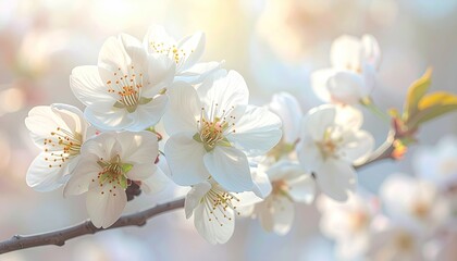 Fototapeta premium Close Up Of White Cherry Blossoms On A Branch With Soft Morning Sunlight And Bokeh Background