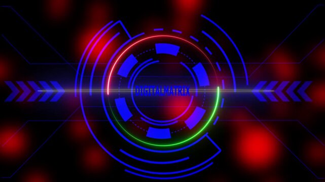 Neon HUD Circle Motion Digital Technology Interface with digital matrix Glowing Text Futuristic Blue and Red Lights Background - Powered by Adobe