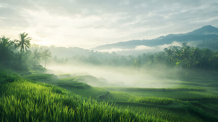 Naklejka premium Lush Green Rice Fields Nestled in a Misty Valley Under the Morning Sky A Serene Landscape