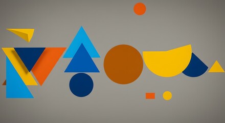 Abstract composition of overlapping geometric shapes in various colors against a gray background