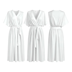 White wrap dress with short sleeves and a tie belt is shown from three angles.