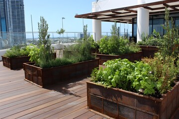 Urban rooftop garden with lush green herbs and trees offers a serene escape.