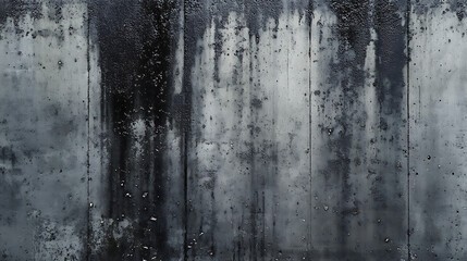 Fototapeta premium Detailed view of a dark, weathered concrete wall exhibiting a grunge aesthetic with pronounced water stains and streaks, perfect for industrial and urban texture backgrounds